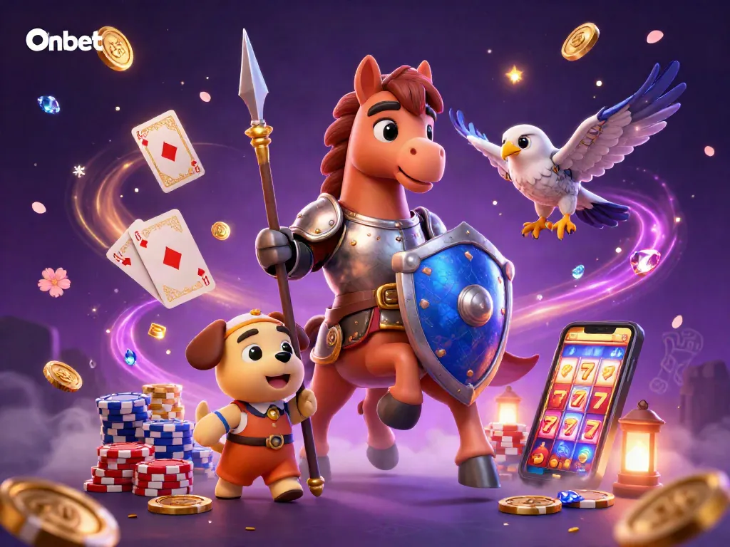 Engage with Onbet's thrilling gameplay featuring knights, coins, and poker chips.