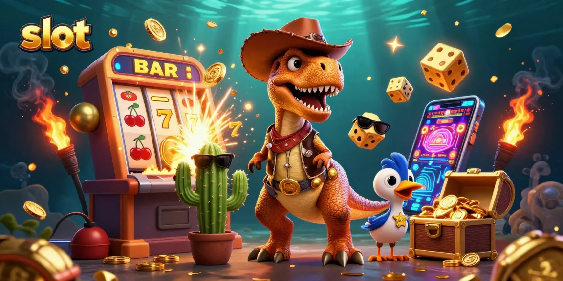 Mainkan slot gacor dengan petualangan ceria bersama karakter dinosaur dan simbol jackpot berkilauan.