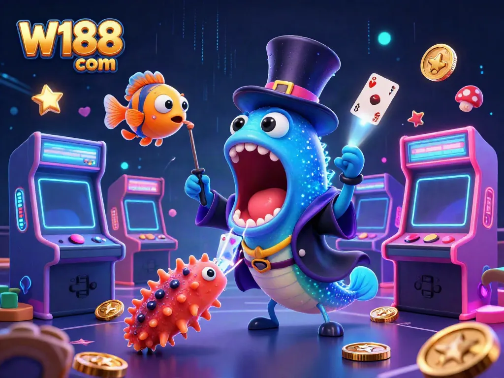 W188 com features an entertaining casino scene with sea creatures performing tricks amidst a vibrant gaming atmosphere.