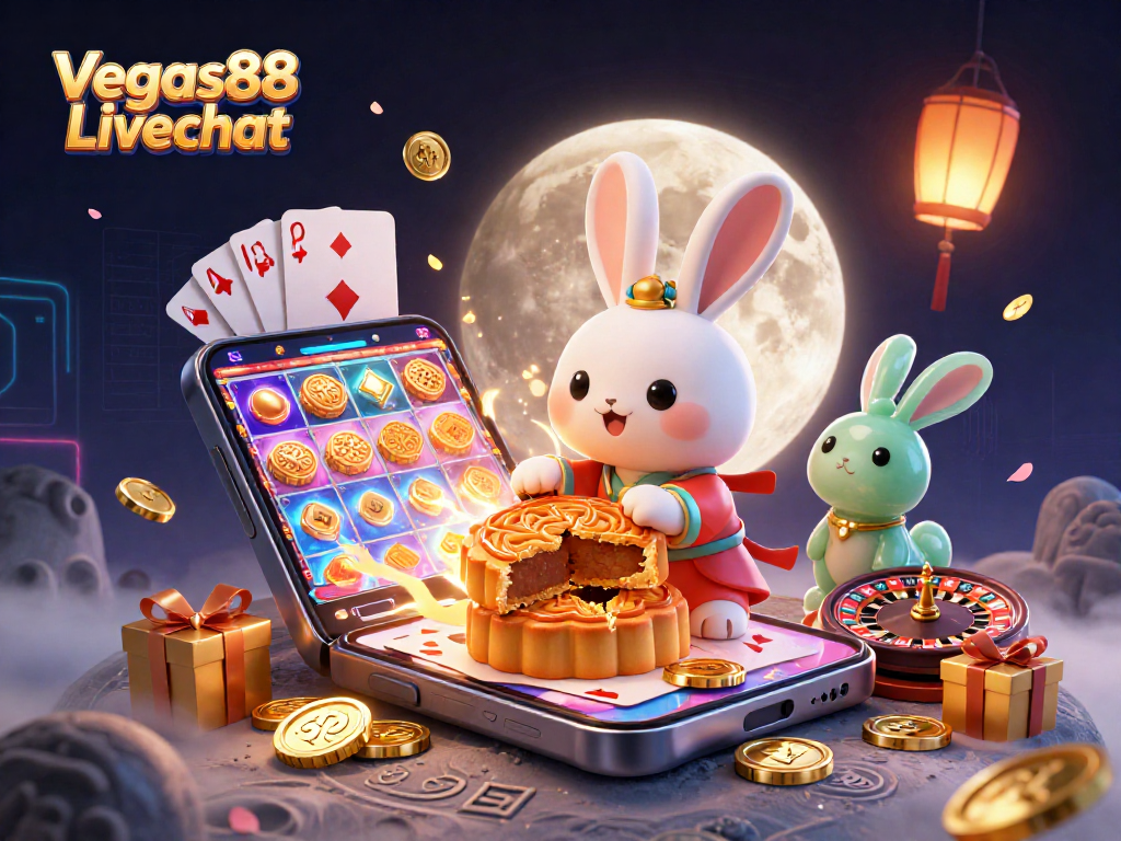 Experience the excitement of Vegas88 Livechat with a vibrant 3D scene showcasing casino elements and characters.