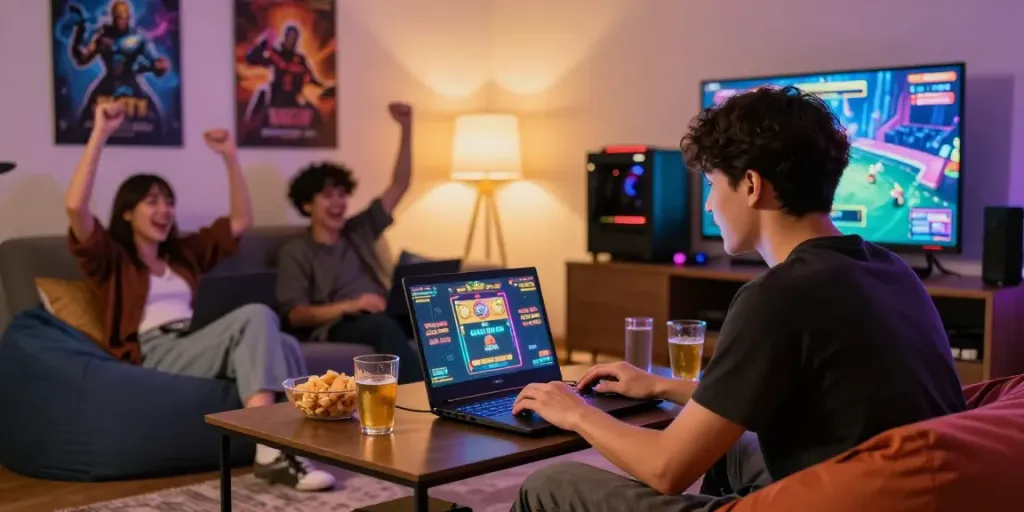 Engaging gaming scene featuring slot gacor hari ini with friends, modern laptop, and vibrant atmosphere.