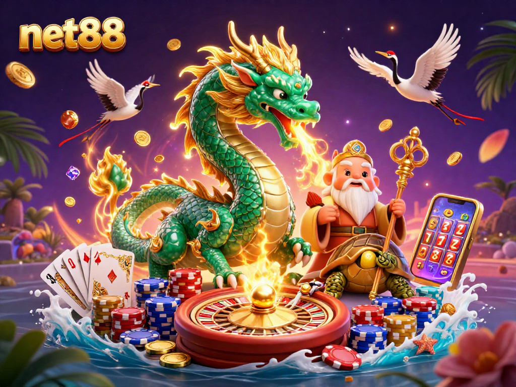 Experience thrilling gameplay with net88 featuring a magical dragon, turtle sage, and vibrant casino elements.