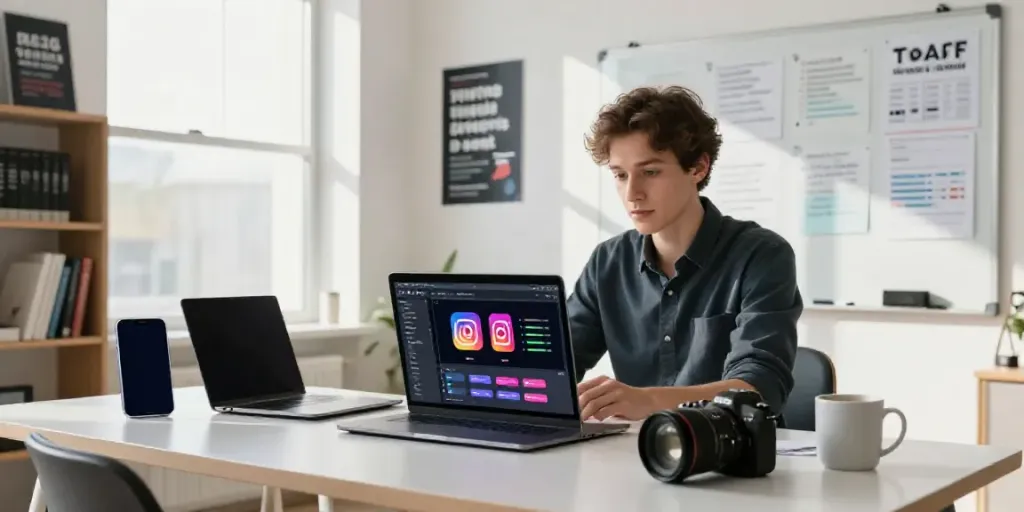 Strategist using AI to write Instagram Reel scripts with a modern workspace backdrop.