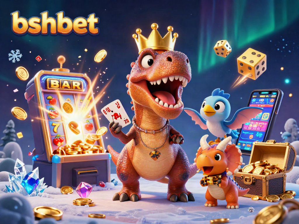 Experience the thrill of bshbet with T-Rex, Pterodactyl, and Triceratops at a vibrant casino scene.
