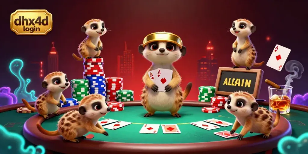 Koloni meerkat menjalankan operasi kasino dalam dhx4d login sambil berpesta dengan chip poker dan gelas whiskey.
