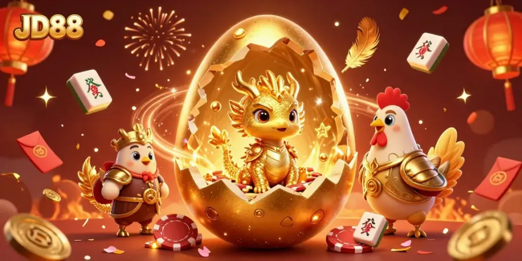 Experience the excitement at JD88 with a golden dragon and poker chips in a vibrant casino scene.