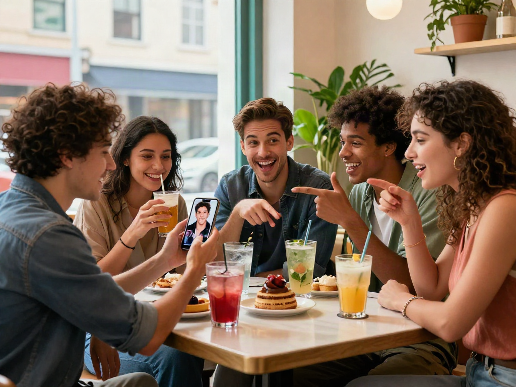 Café scene of friends comparing their celebrities look alike on a mobile app in a lively urban setting.