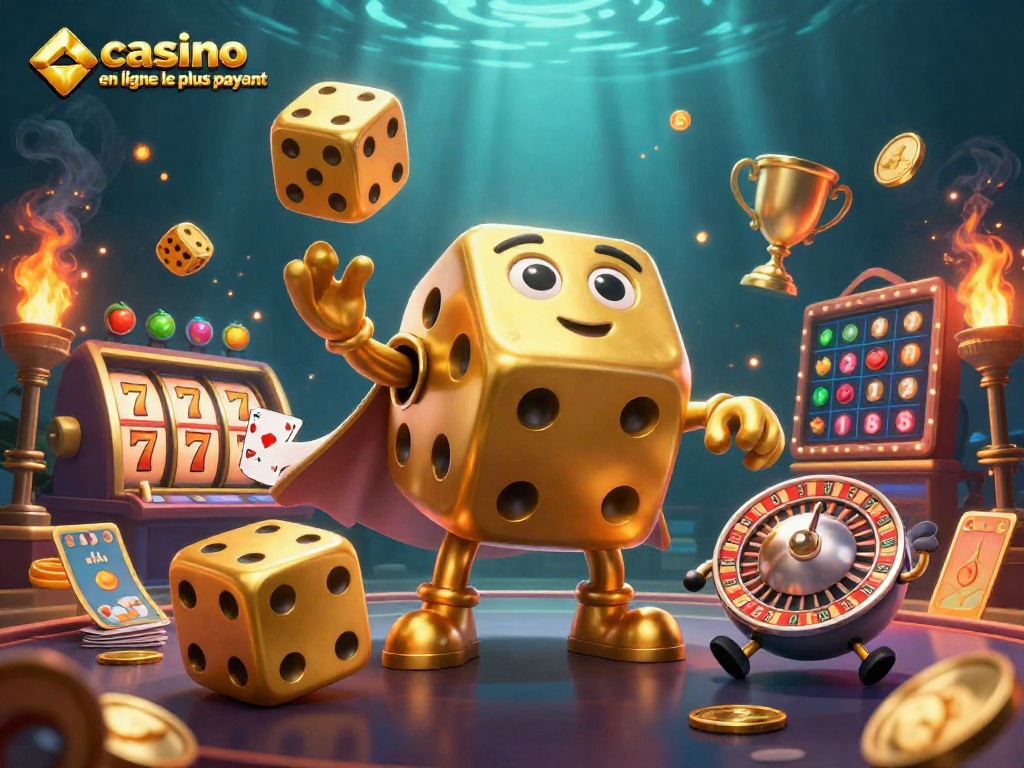 Cette illustration 3D montre le casino en ligne le plus payant, avec un golem de dés dorés et des éléments de machine à sous.