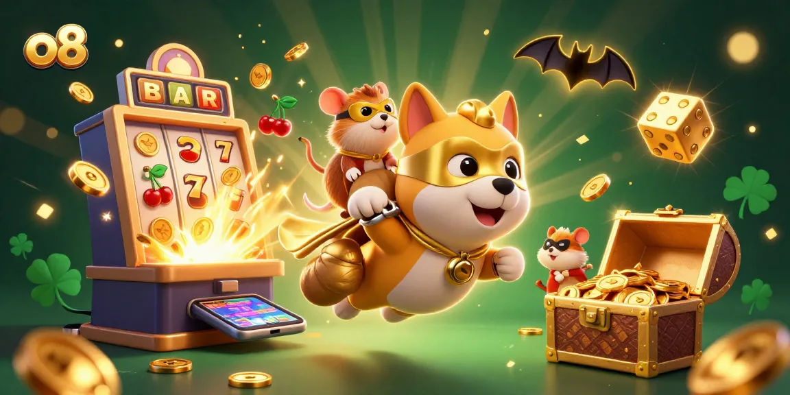 Engage in thrilling gameplay with o8's vibrant casino experience featuring a hero dog flying through a jackpot explosion.