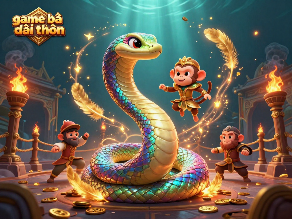 Experience the excitement of game bài đổi thưởng with a vibrant 3D scene featuring a rainbow serpent and monkey king.