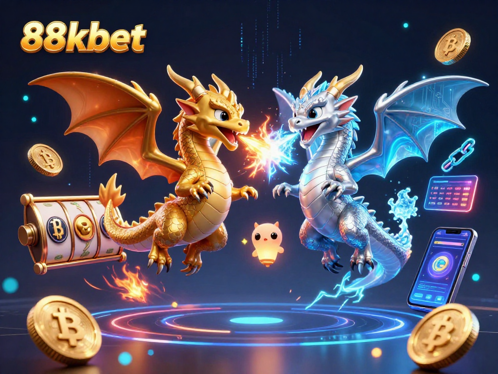 Engage with thrilling bonuses at 88kbet with captivating twin dragons and vibrant gold and silver coins.