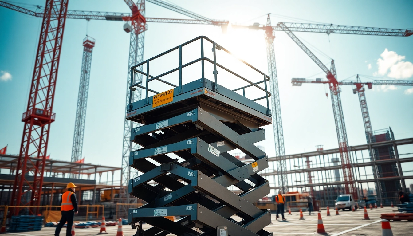 Scissor lift elevating workers on a bustling construction site.