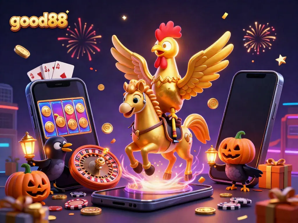 Experience exciting gaming with good88 in this vibrant casino scene featuring a golden rooster and festive elements.