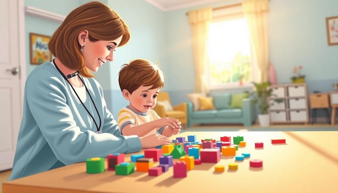 Supportive therapy session focusing on Autism help for a child with engaging toys and a caring therapist.