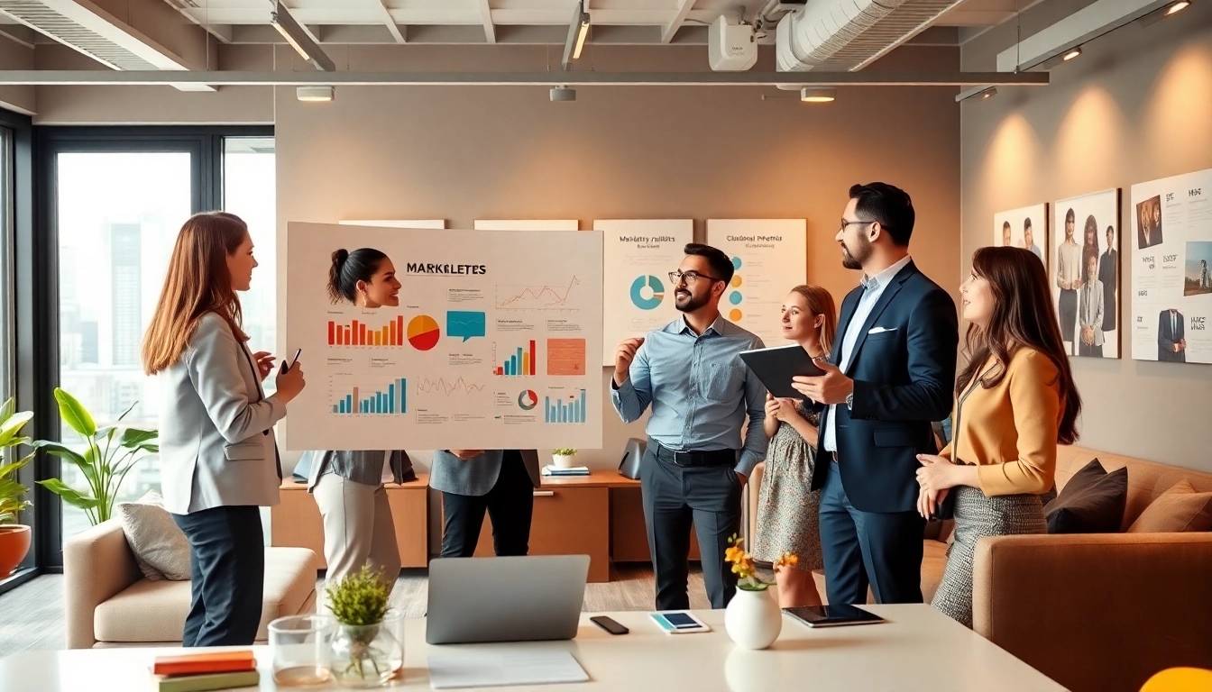 Marketing director leading a dynamic team discussion in an inspiring office environment.
