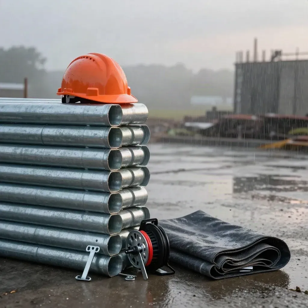 Orange hard hat, conduit, clamps and tarp on wet concrete in dawn mist
