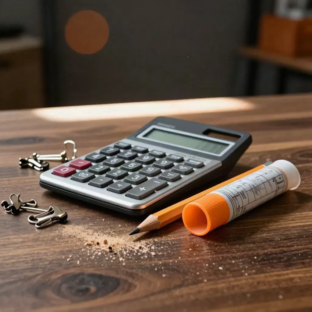 Contractor bid kit with calculator, clips, pencil stub, and rolled plans on dark walnut.
