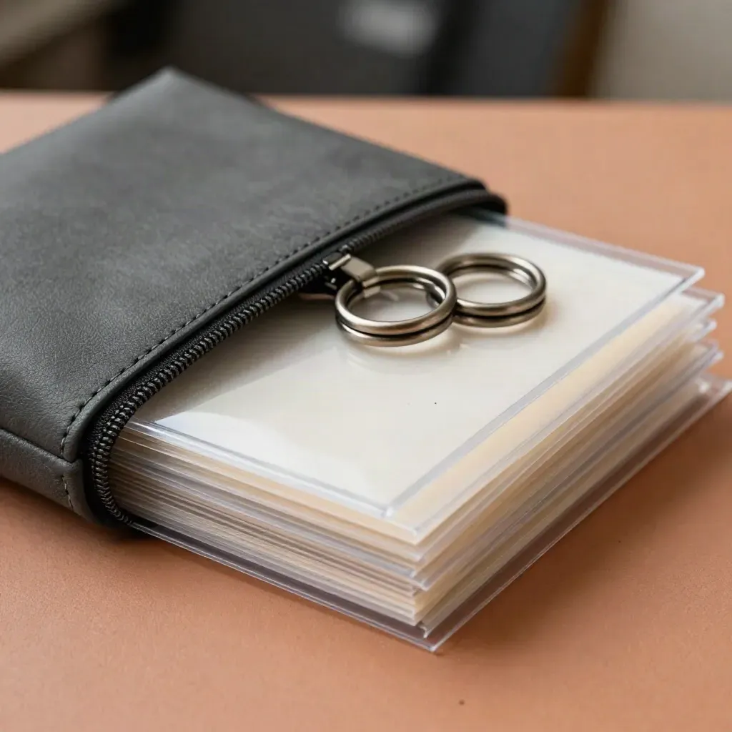 Weatherproof pouch, sealed photo sleeves, and clip rings stacked on terracotta clay.