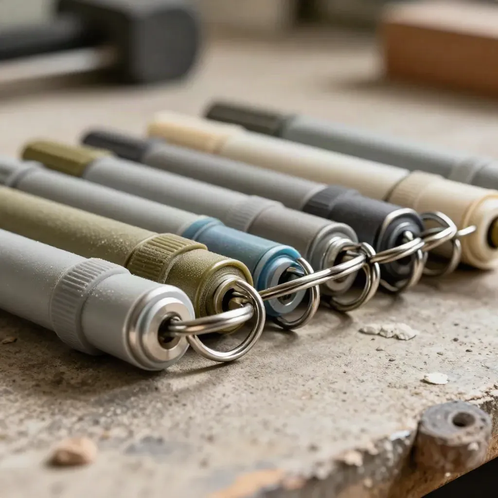 Extreme macro of magnetic task markers, clipped tags, and metal rings on a khaki workbench.