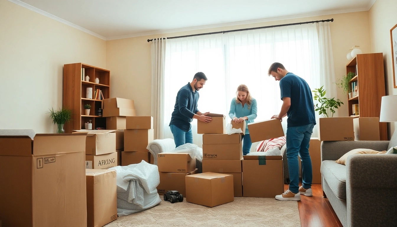 Experienced team efficiently providing Professional Packing Services, showcasing organized packing in a cozy living room.