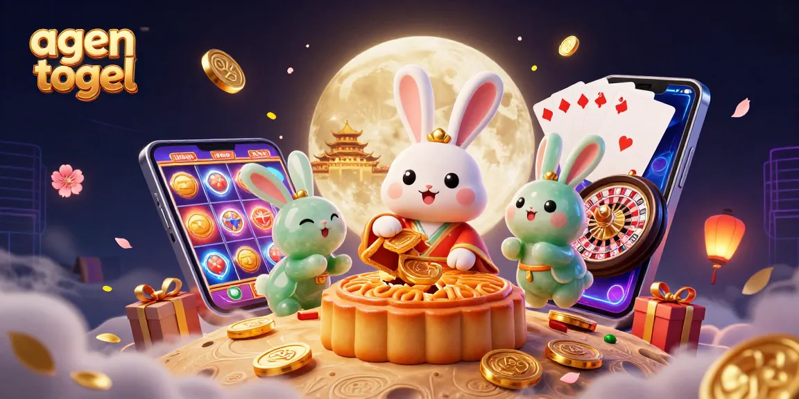 Engage with agen togel as the moon rabbit reveals poker chips while gaming elements burst across the scene.