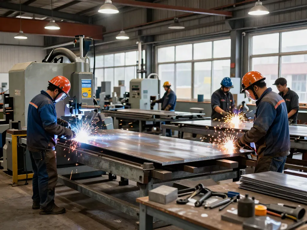 Miller Sheetmetal Inc workshop with skilled workers focusing on advanced metal fabrication and teamwork.