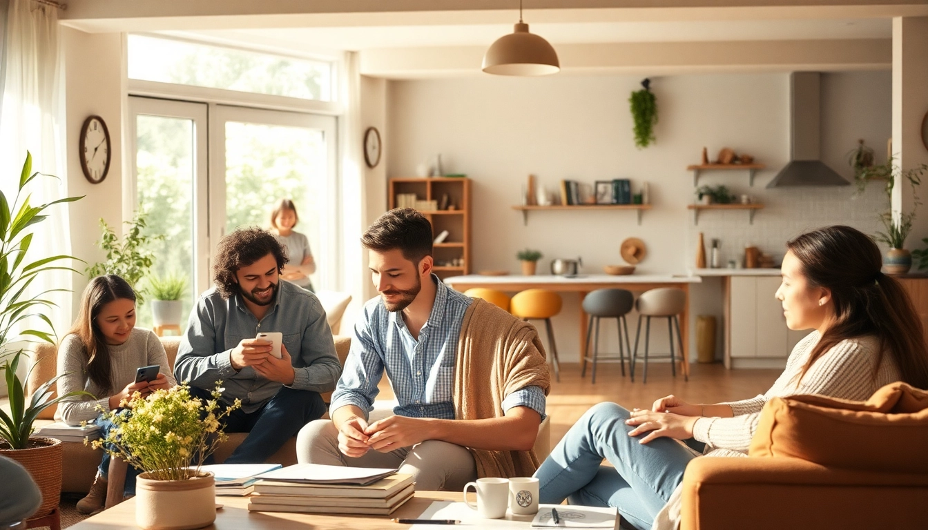Highlighting individualised living options, individuals engaging in community activities in a bright, welcoming space.