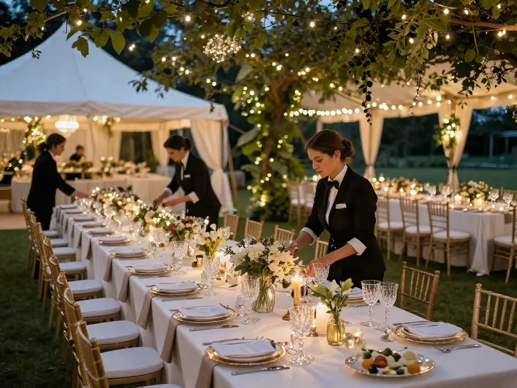 Event rental ksa setup featuring elegant outdoor dining experience with exquisite decor and professional service.