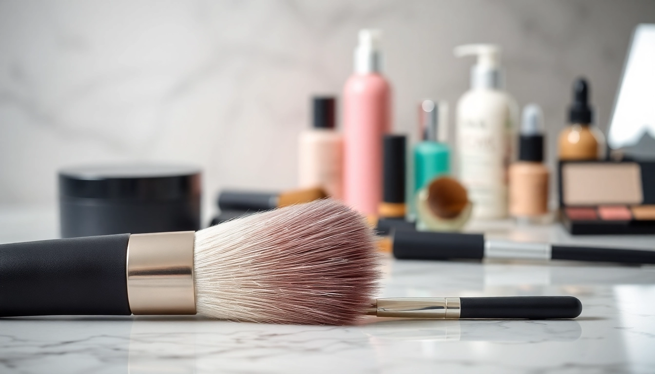 Applying makeup with a dense makeup brush showcasing its soft bristles and elegant design.