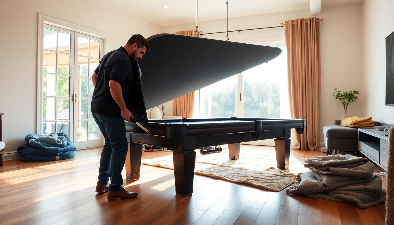 Pool table mover expertly disassembling a slate pool table in a modern living room.