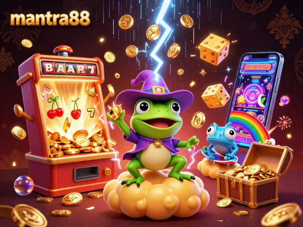 Experience the magic of mantra88, where a weather wizard frog conjures coins amid a vibrant casino scene.