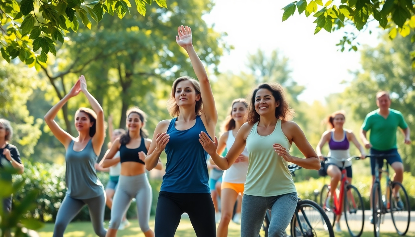 Engaging scene showcasing a community enjoying a Healthy Life through fitness and outdoor activities.