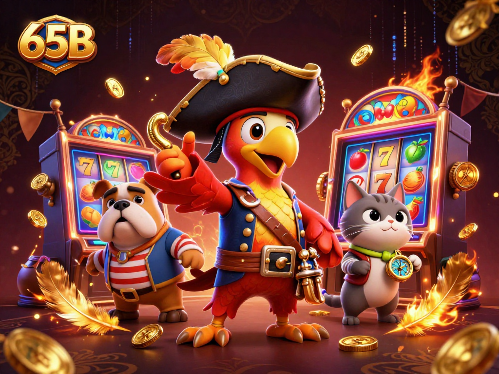 Atraia a sorte com o visual envolvente da 65B, onde um pirata e seu primeiro oficial estão cercados por slot machines vibrantes.