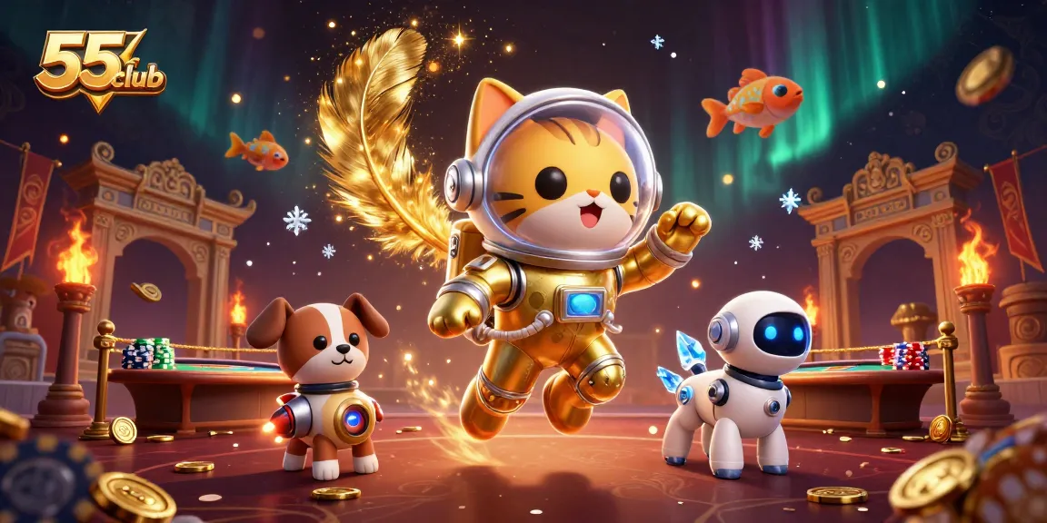 The charming 55club astronaut cat ventures through a vibrant cosmic casino scene.