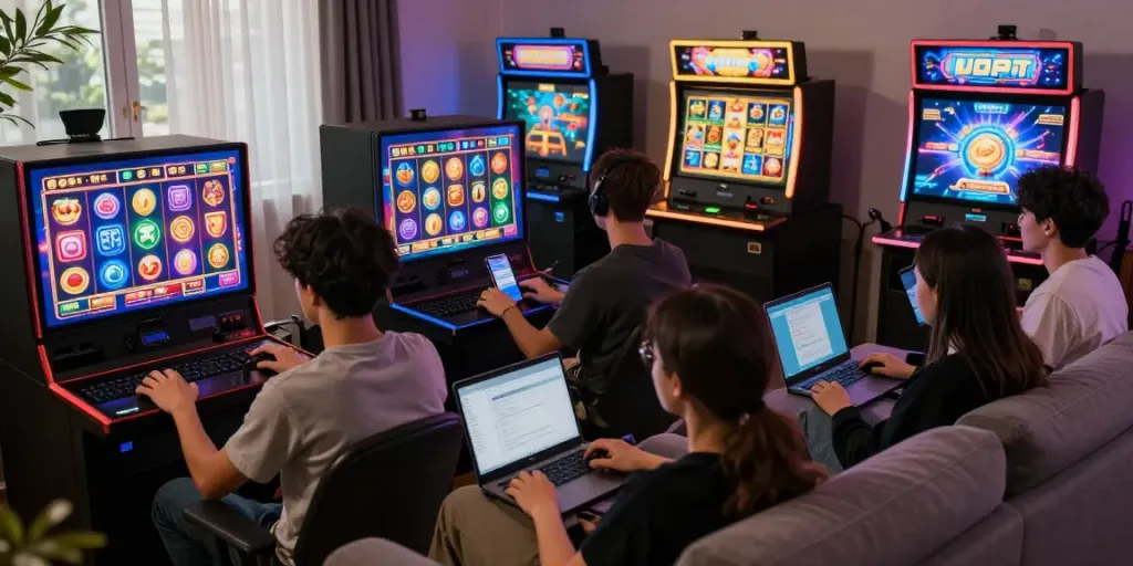 Engaging slot gaming experience with various devices and colorful machines.