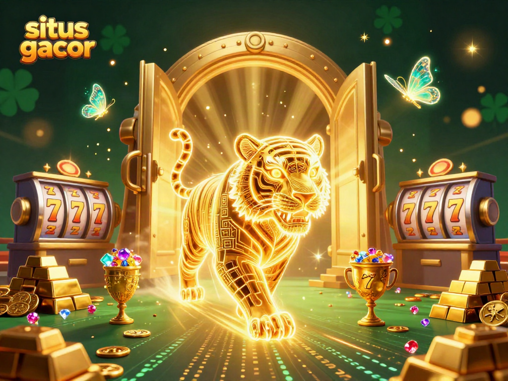 Experience thrill at situs gacor with a golden tiger and vibrant casino scene filled with riches.