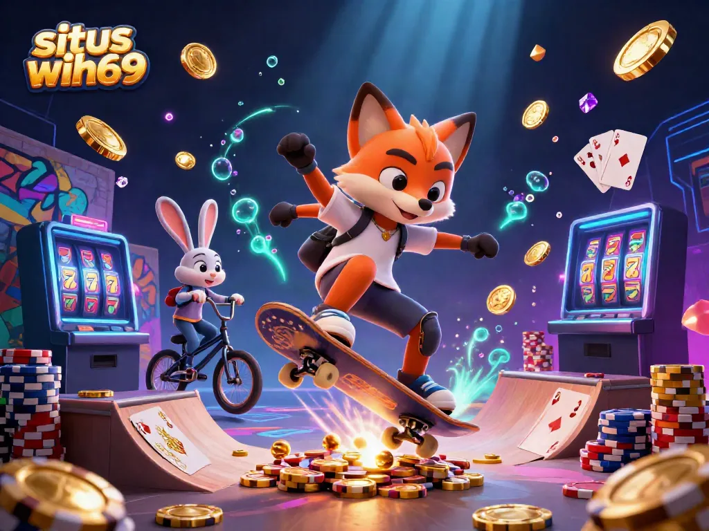 Situs wih69 menghadirkan ilustrasi kartun 3D dengan karakter rubah yang melakukan kickflip di atas chip poker emas.