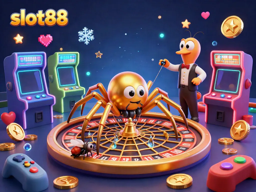 Engage with slot88 as a golden spider spins a roulette-shaped web while a fly bets nervously, depicting a vibrant casino scene.