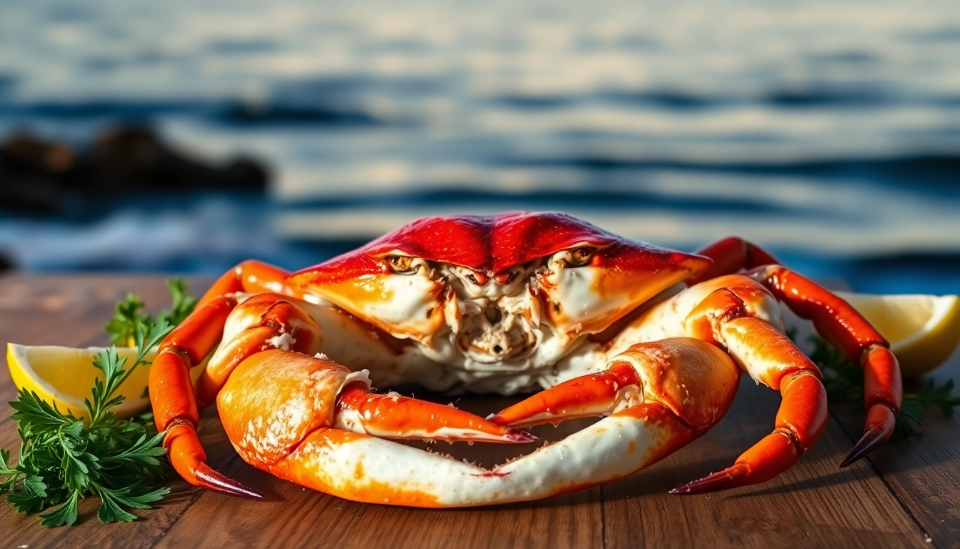 Fresh Live king crab wholesale displayed elegantly on a wooden table with herbs and lemon.