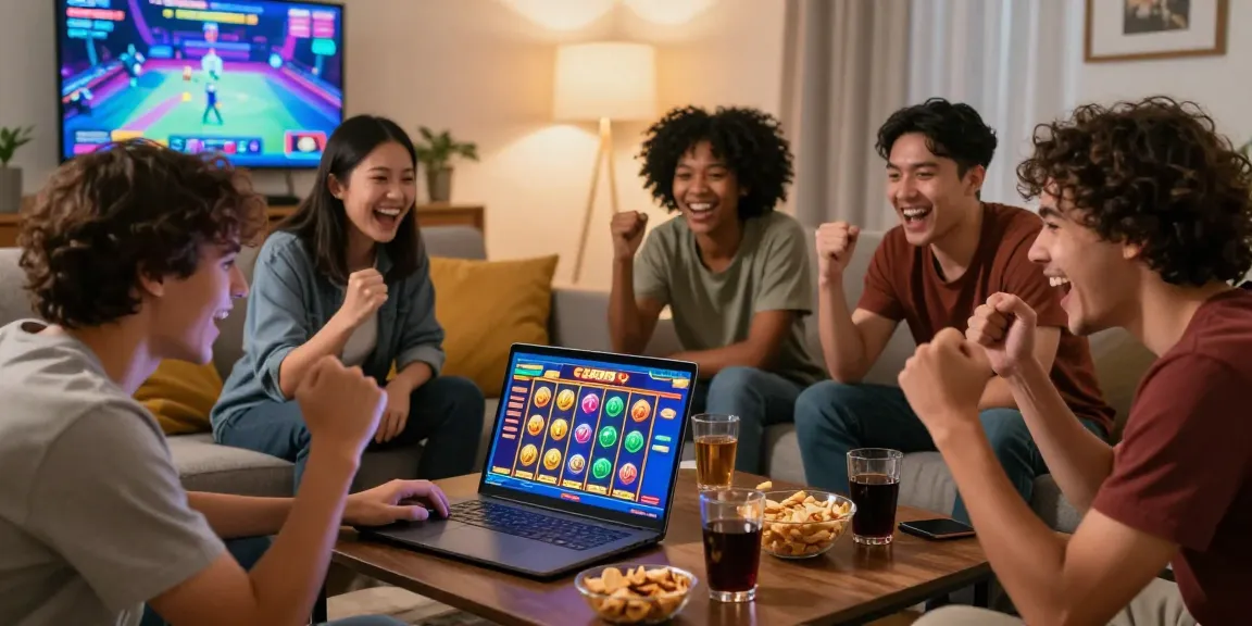 Friends enjoying an energetic gaming night with a situs slot game on a laptop, snacks and drinks on the table in a cozy living room.