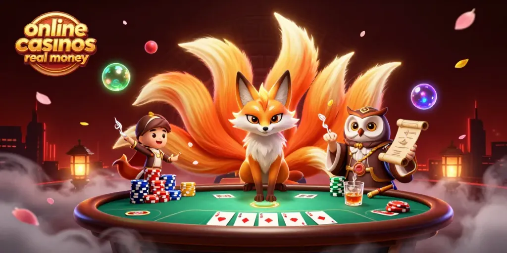Engage in online casinos real money with a vibrant scene featuring a nine-tailed fox and poker elements.