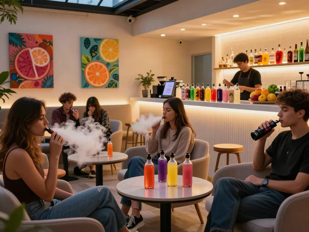 Urban vape lounge featuring alternativ ejuice flavors with stylish decor and vibrant atmosphere.