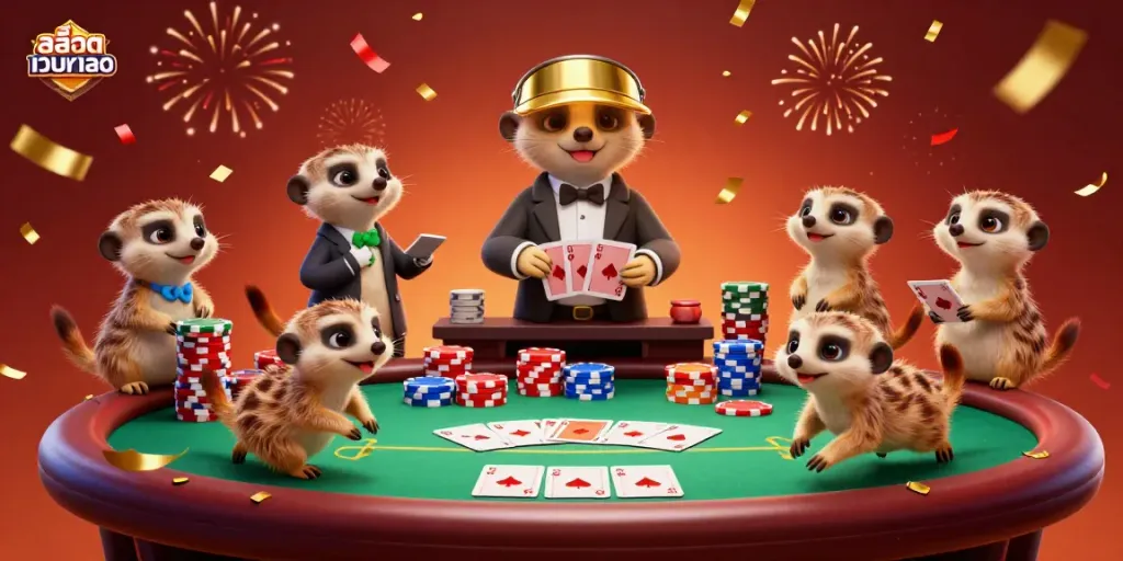 Experience vibrant casino action with a colony of meerkats in a lively 3D illustration featuring สล็อตเว็บตรง.