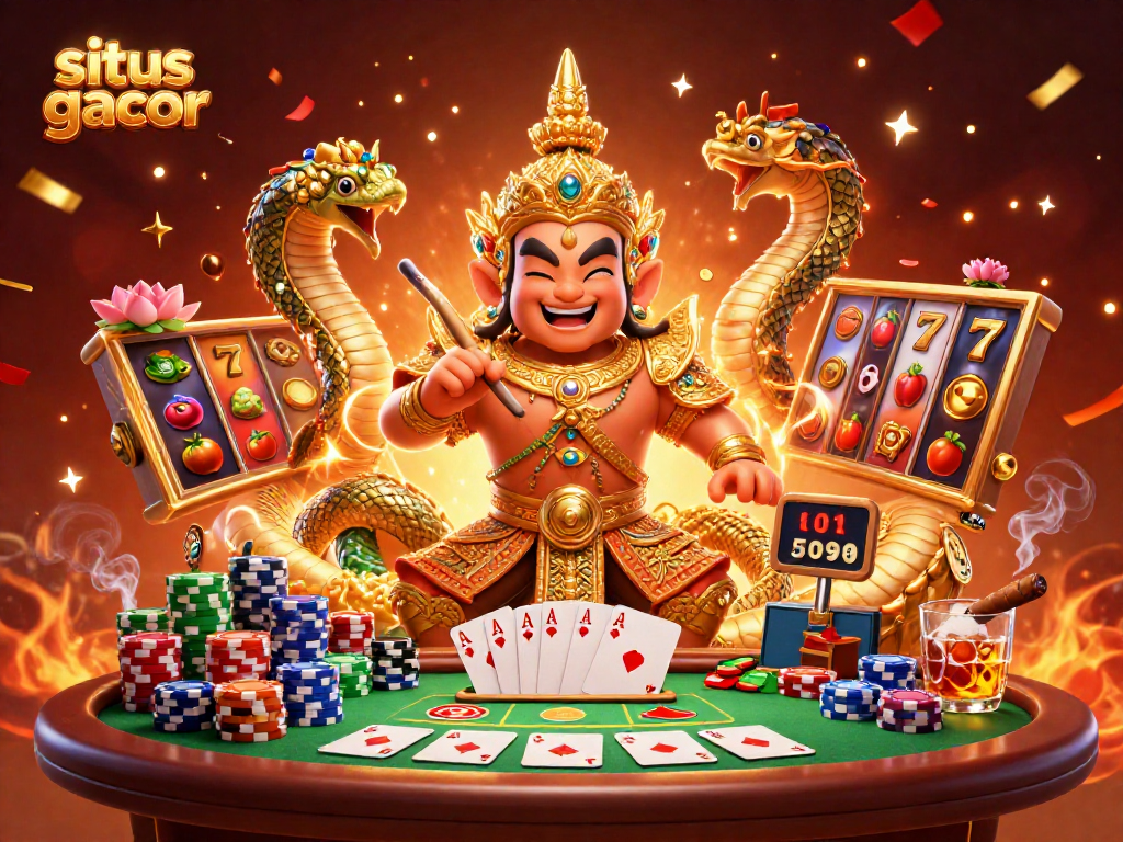 Experience the thrill of situs gacor with this vibrant 3D casino illustration featuring a playful guardian and rich game elements.