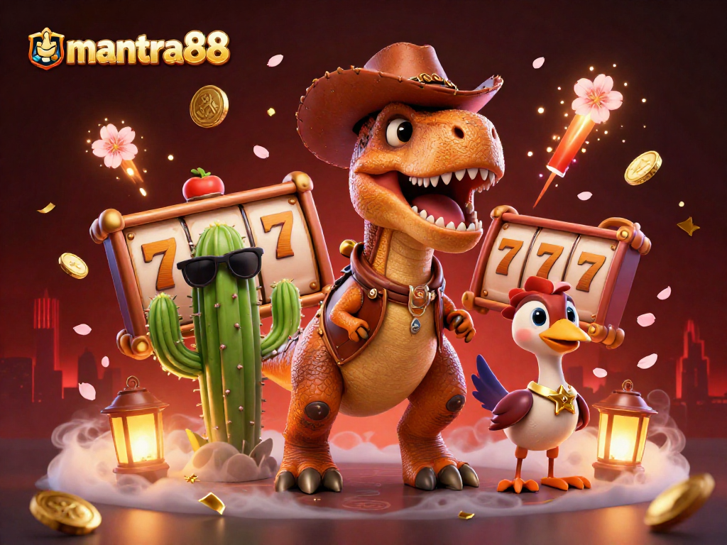 Experience thrilling gameplay with mantra88, featuring a T-Rex and friends amid vibrant casino symbols.