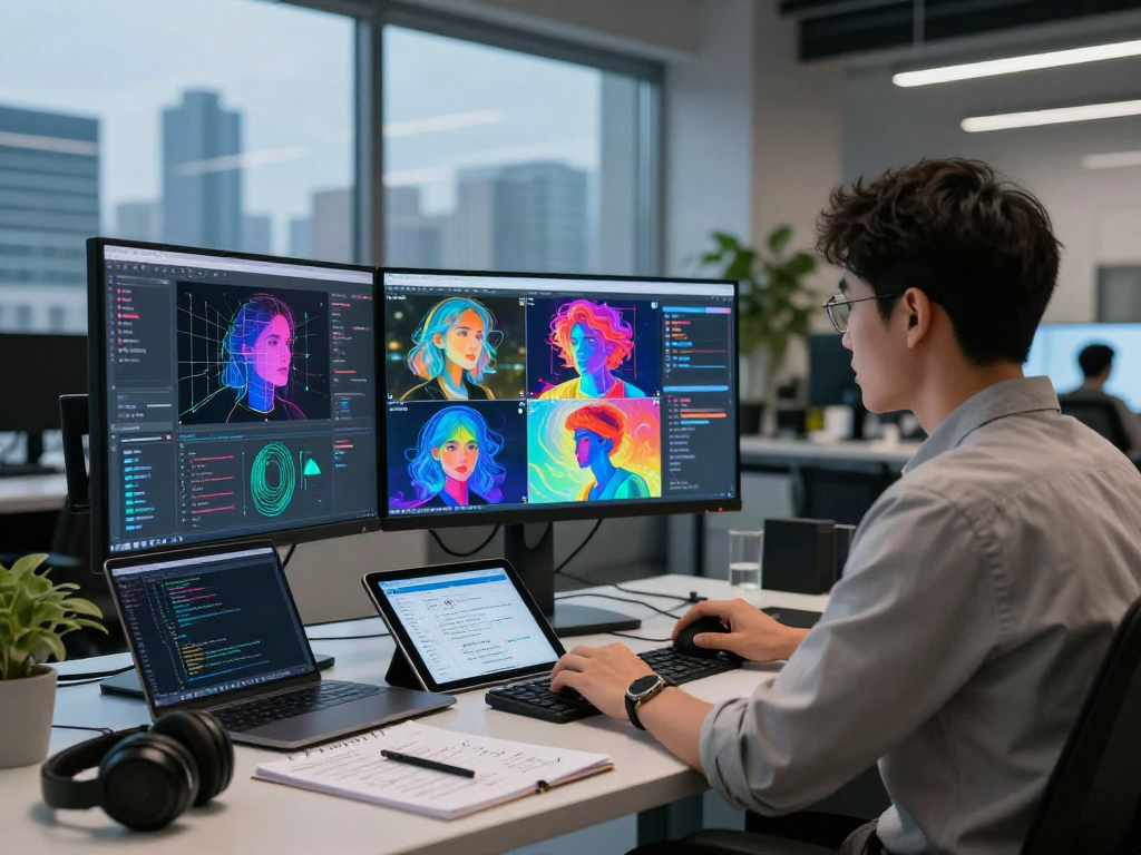 Analyzing AI Image Detection results on a vibrant digital workspace showing AI-generated visuals.