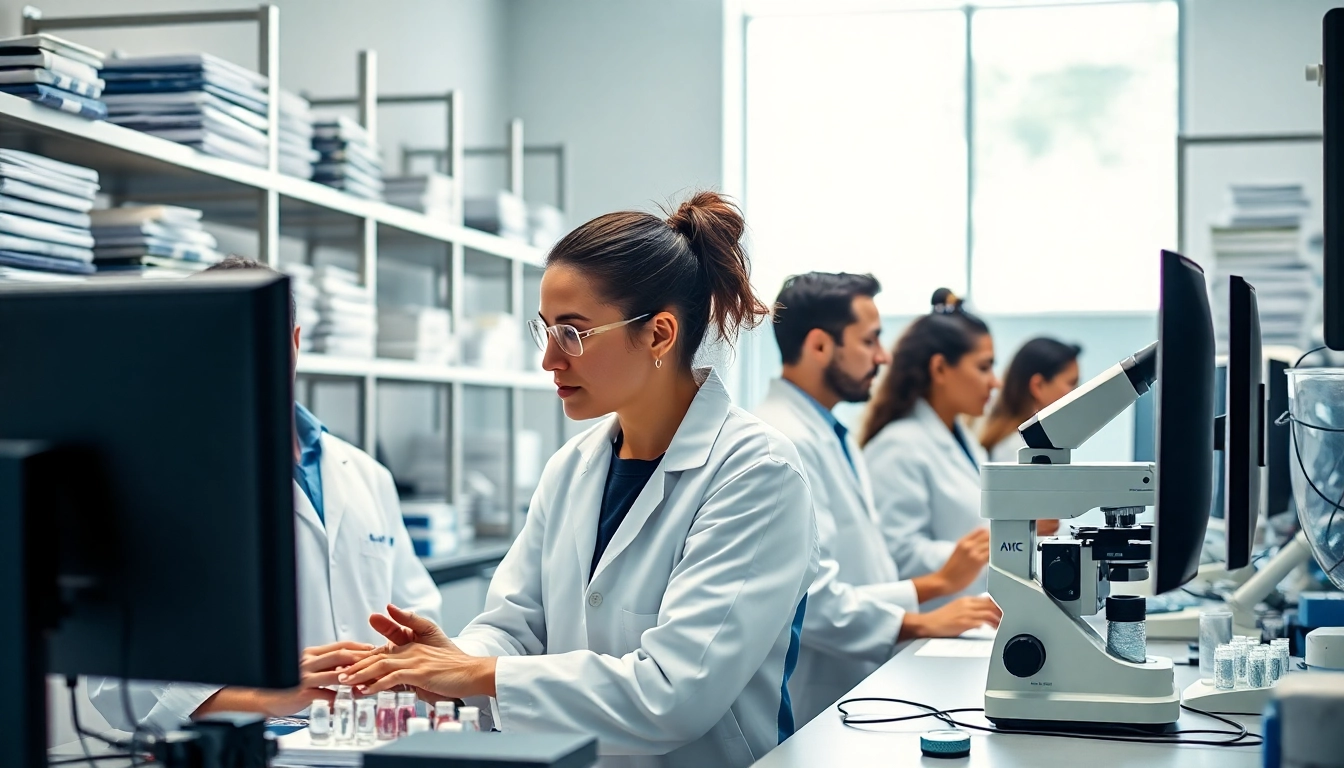 Researchers studying amc peptide in a bright laboratory, highlighting advanced scientific collaboration.