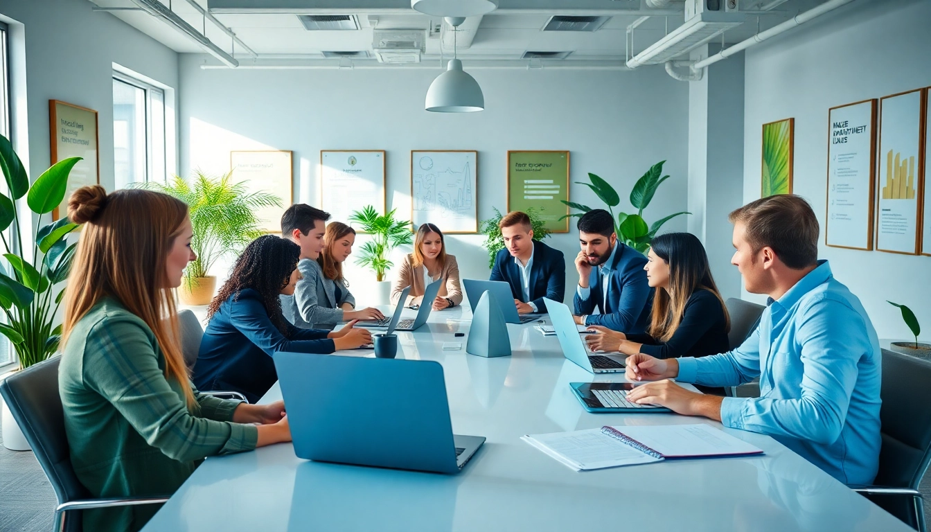 Recruiting agencies team collaborating creatively in a modern office environment.