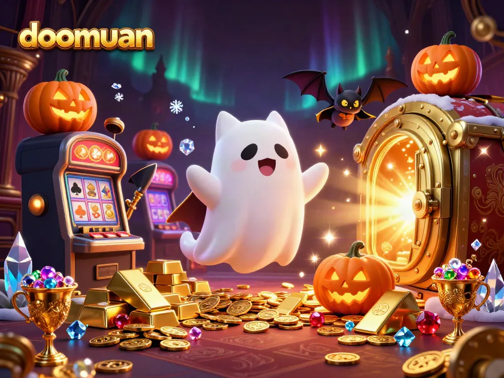 Doomuan ghost cat floats through a lavish haunted casino, surrounded by glowing treasures and gaming elements.