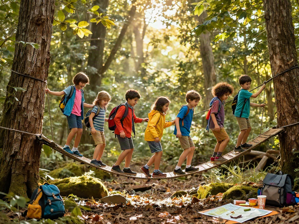 Children joyfully crossing a rope bridge in a vibrant forest, showcasing outdoor adventure and teamwork.